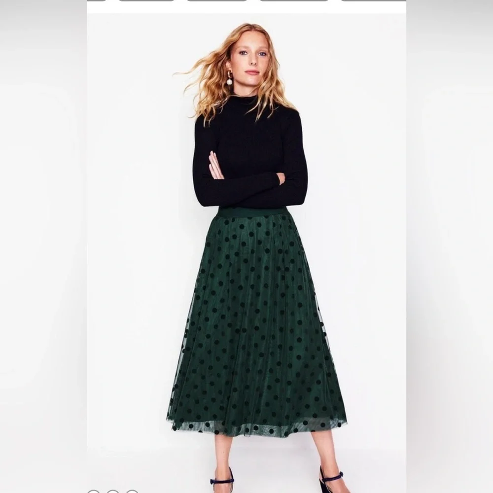 Boden Isabella tulle midi skirt green with black polka dots. New 6 a line - Picture 1 of 6